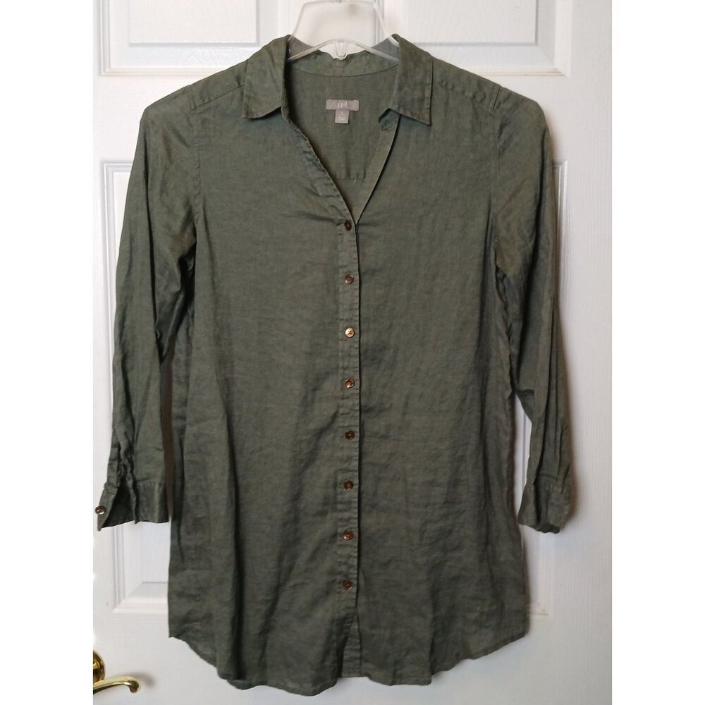 J. Jill Small Petite Linen Button-Down Long Tunic Shirt  Olive Green #I-11